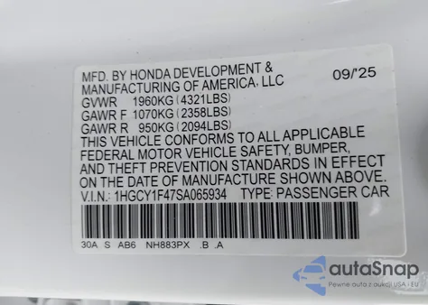 2025 Honda Accord Se from USA, damaged, VIN 1HGCY1F47SA065934